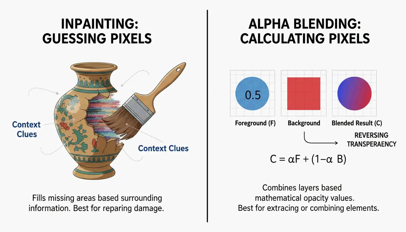 Side-by-side visual comparison of Inpainting (reconstructing) vs. Alpha Blending (mathematical reversal)