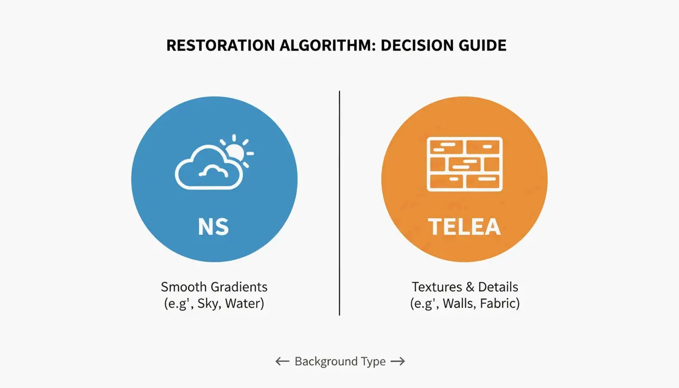 Vergleich von NS (Smooth) vs TELEA (Textured) Anwendungsszenarien.