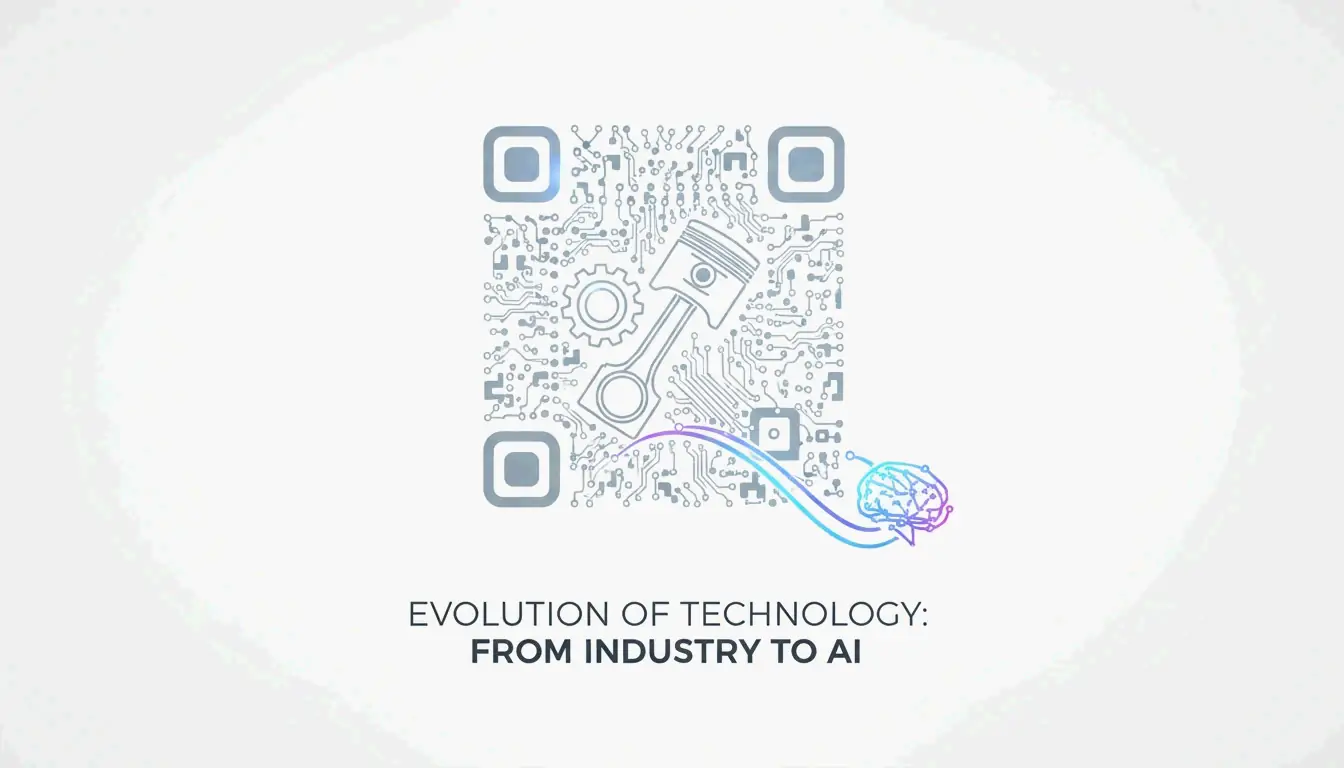 A futuristic, minimalist visual blending a QR code with automotive and AI elements