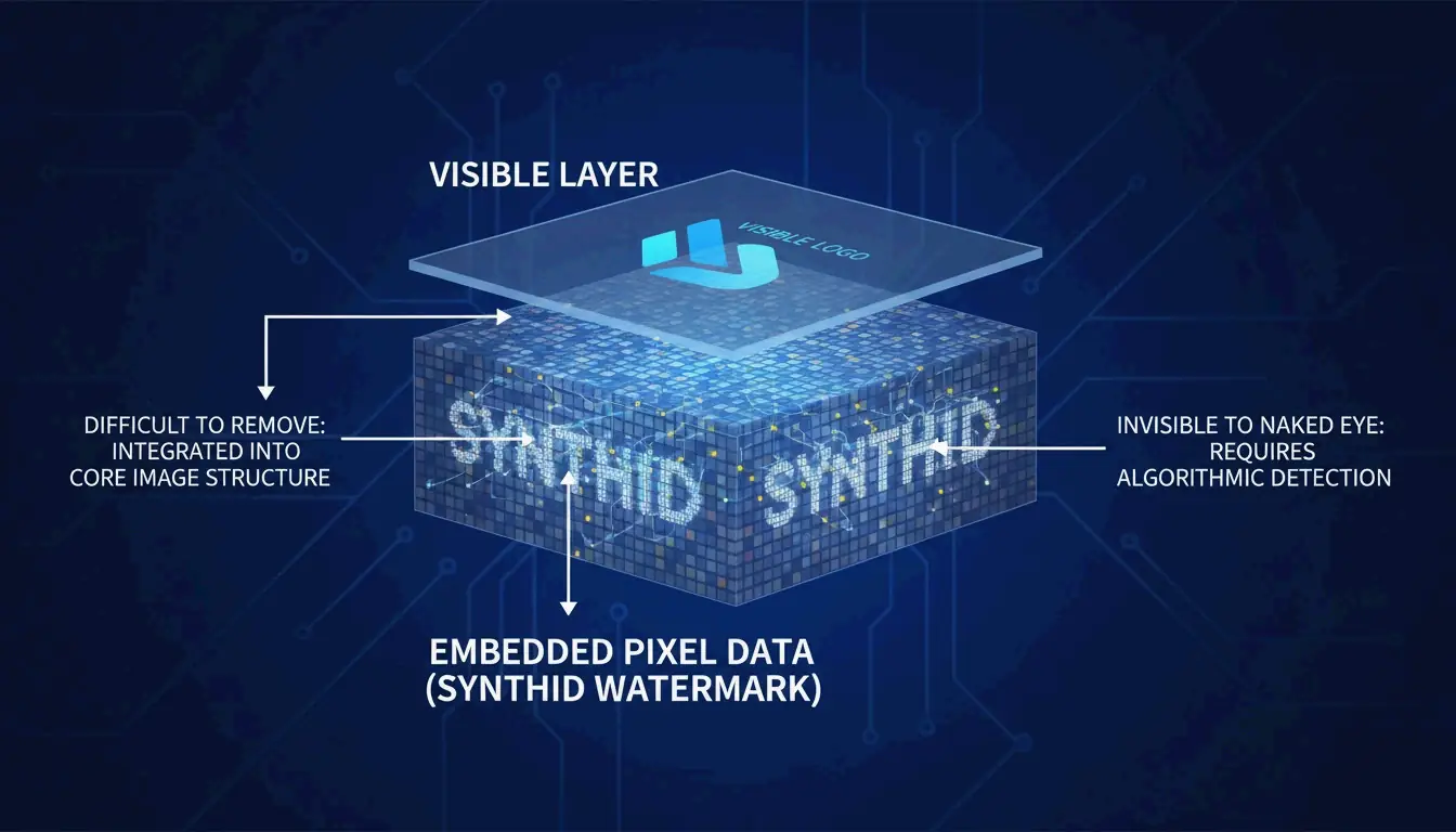Konzeptdarstellung: Ebenenweise Gegenüberstellung von sichtbarem Wasserzeichen und pixelbasiertem SynthID
