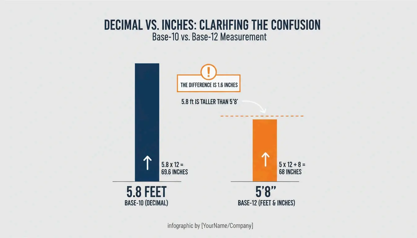 A side-by-side visual comparison showing why 5.8 feet is taller than 5'8".