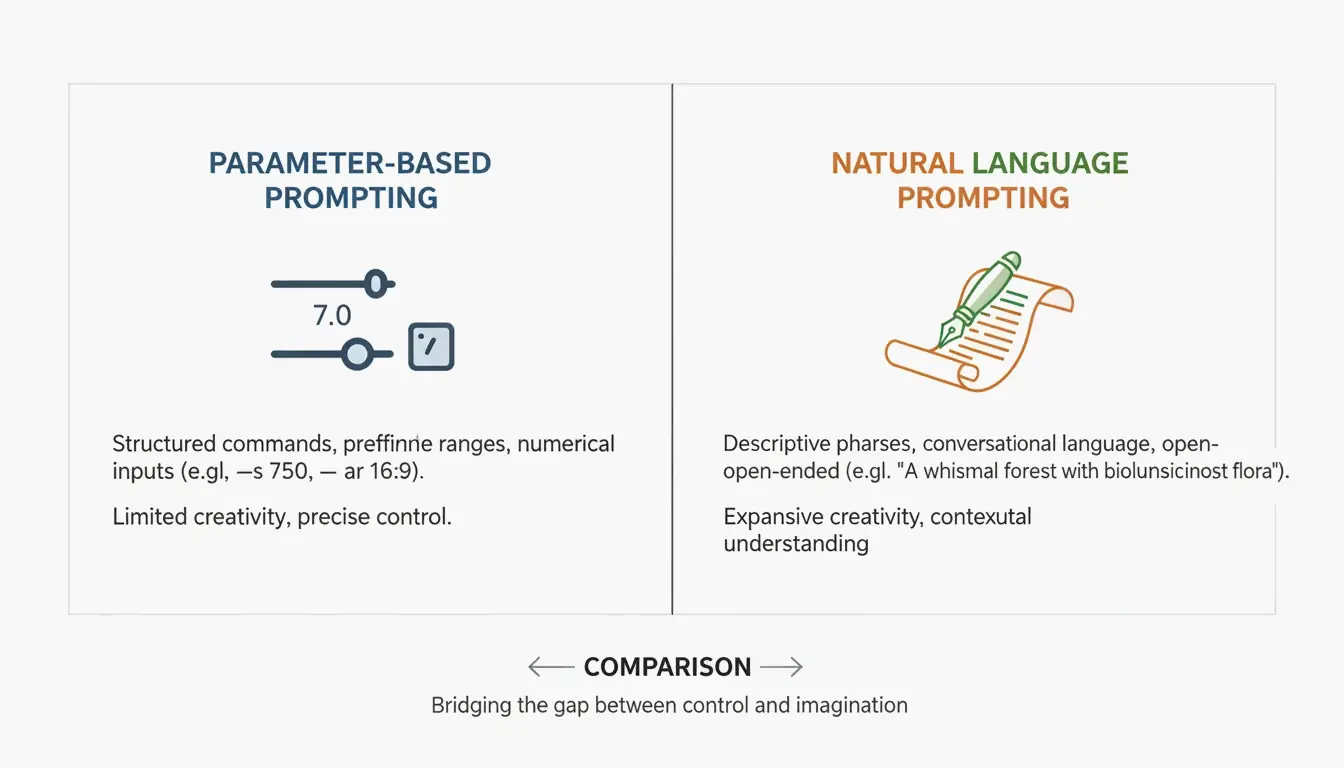 A comparison of Structured Parameters (Midjourney) vs Natural Language (Flux/GPT)