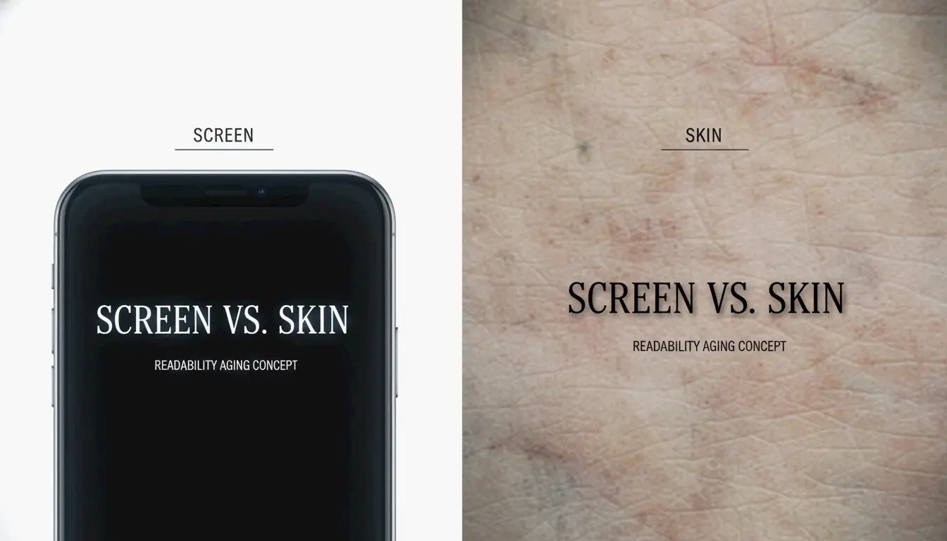 Comparison: font on screen (crisp and clear) vs. font on skin (blurred over time), emphasizing that skin is not paper.