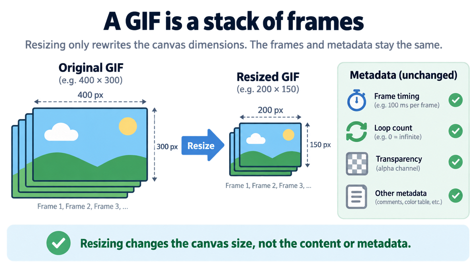 Diagram: resize changes pixel canvas only; metadata stays intact